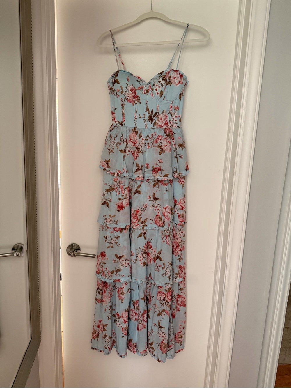Altar'd State Light Blue Floral Ruffle Maxi Dress